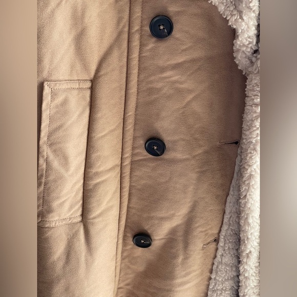 Great Jones Sherpa Lined Women's Tan Double-Breasted Faux Leather Coat - Picture 4 of 15